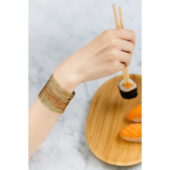 Stacked Hammered Mixed Metal Cuff Bracelet Gold Copper Tones Open Design Stylish - Picture 1 of 8